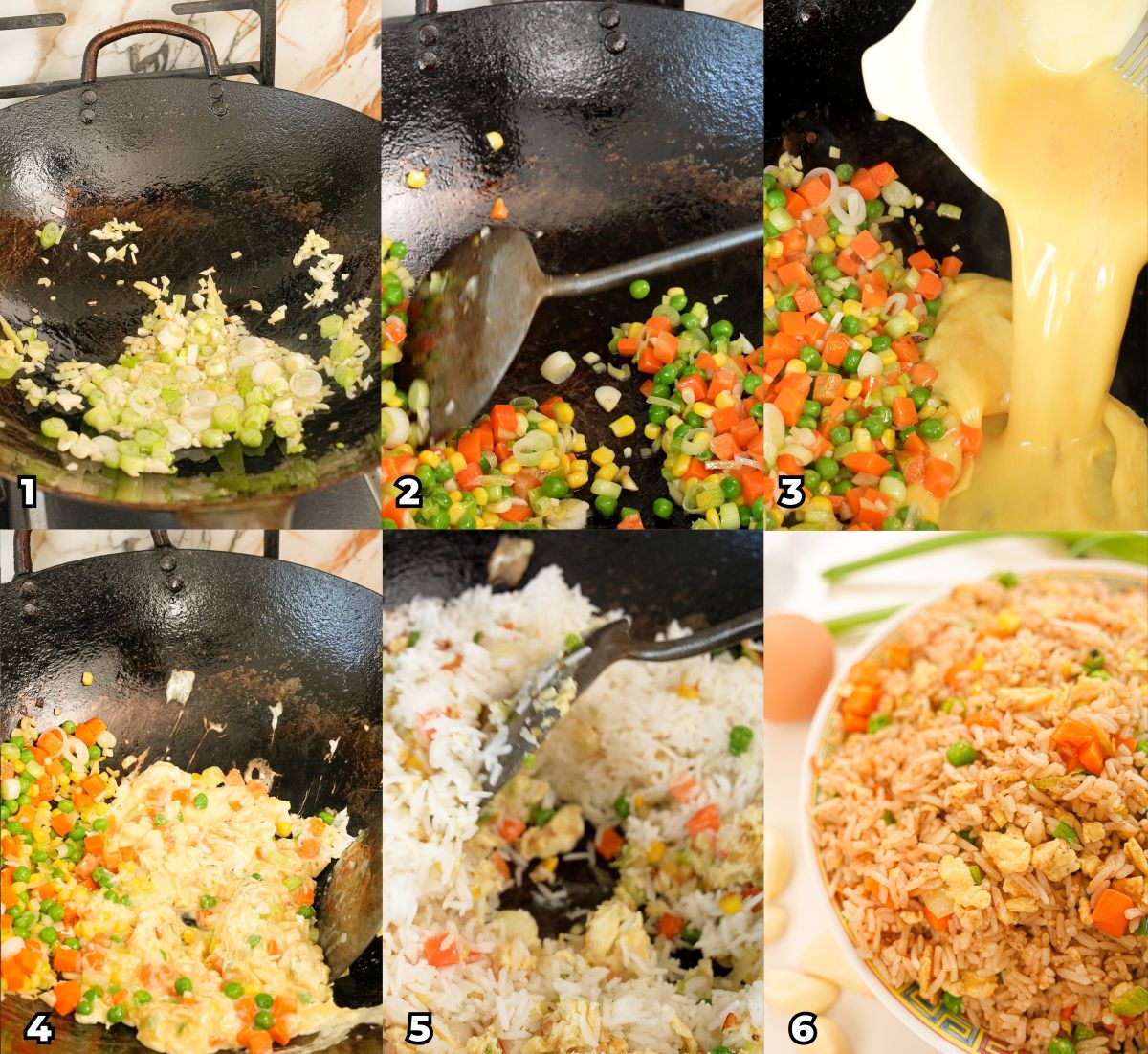 A 6 photo collage of key cooking steps on how to make authentic egg fried rice at home.