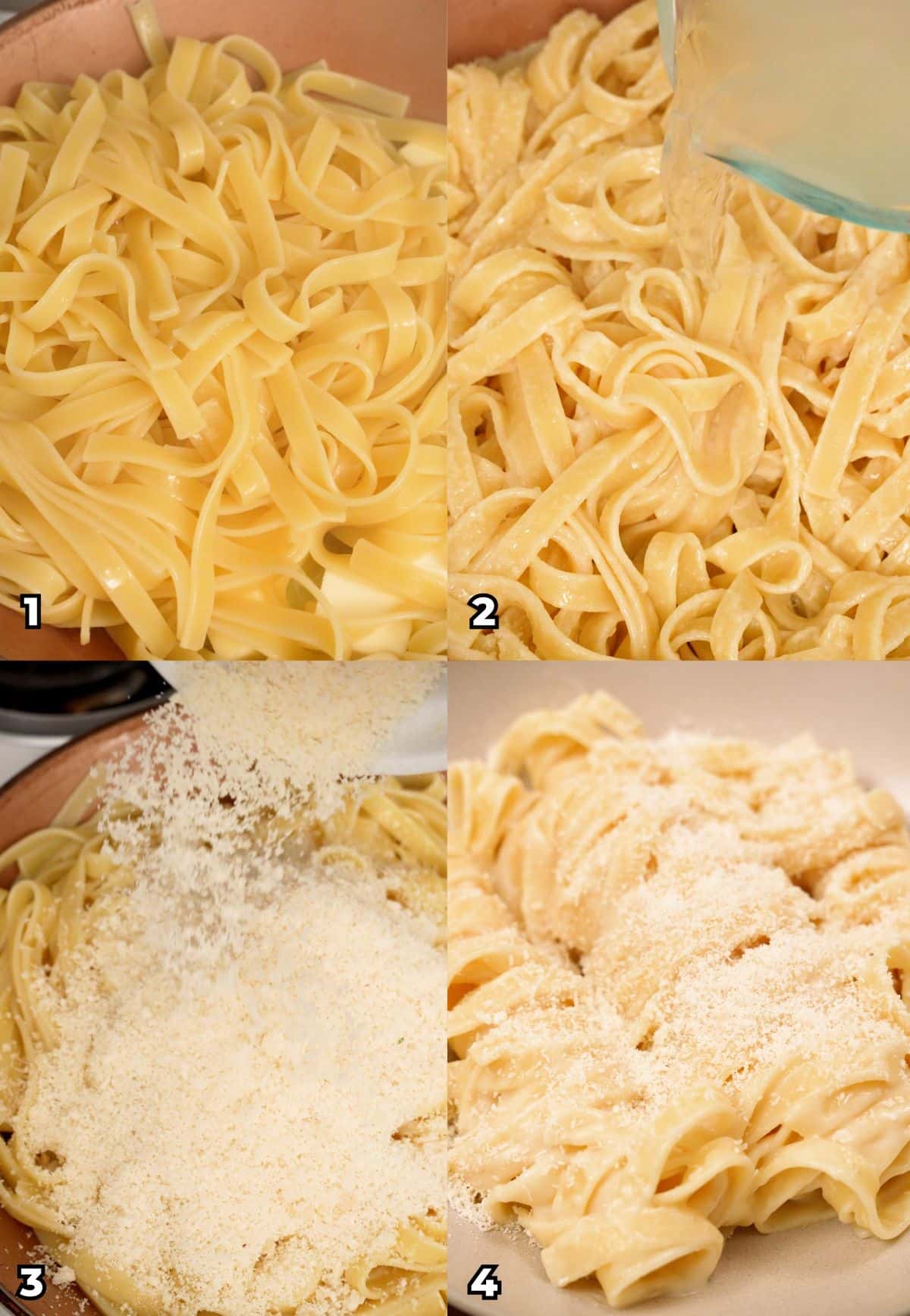 A 4 photo collage on how to make an authentic Fettuccine Alfredo at home, starting with mixing cooked fettuccine in a pan with butter, cooled pasta water, and freshly grated parmesan cheese.