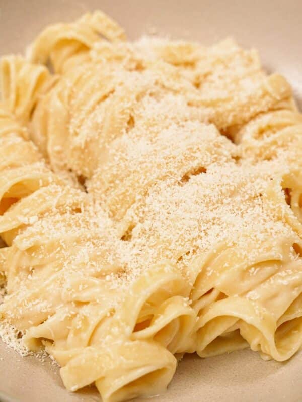 A bowl of plated Fettuccine Alfredo made with fettuccine pasta, butter, parmesan cheese, and pasta water.