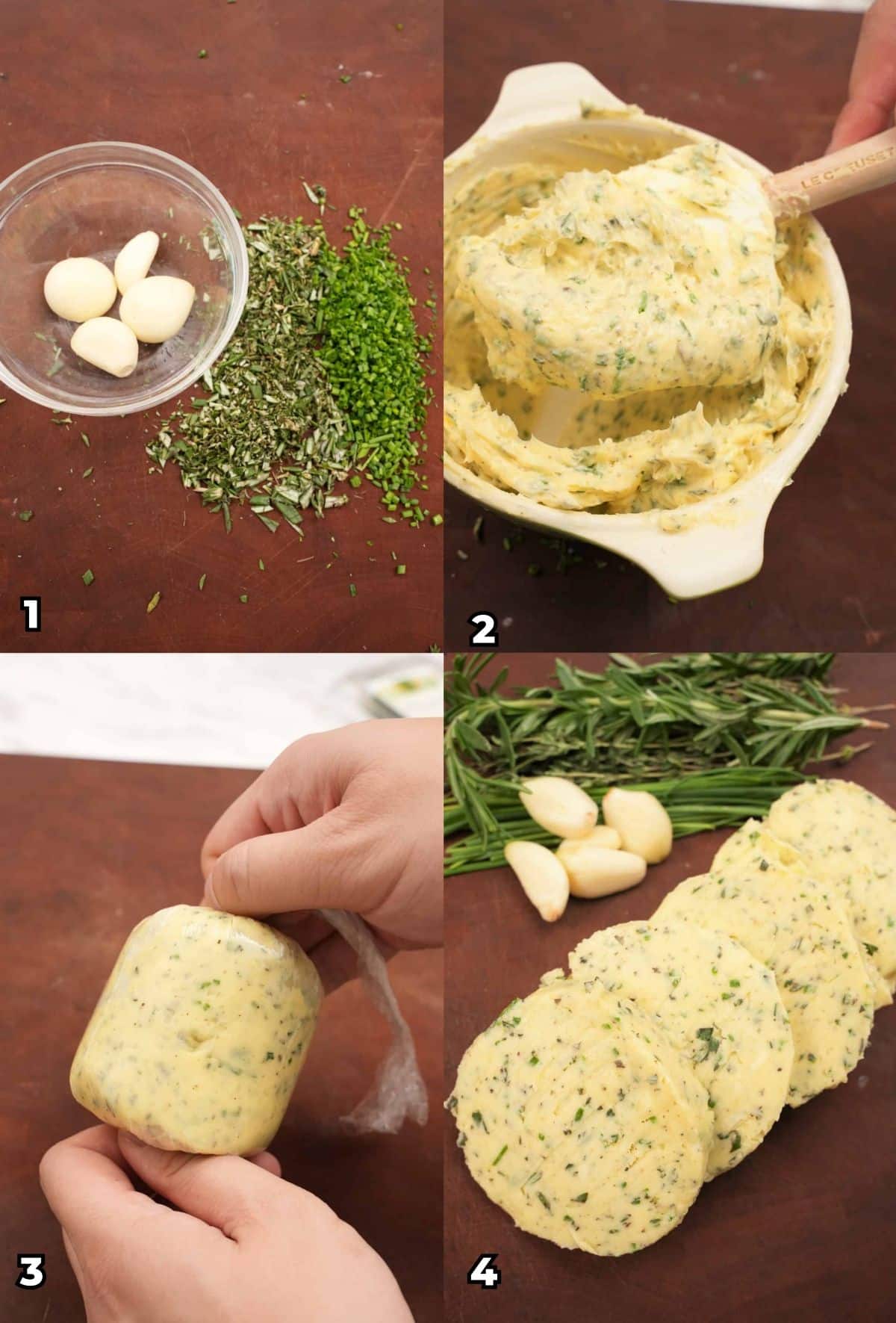 Garlic Herb Compound Butter cooking steps in a 4 photo collage.