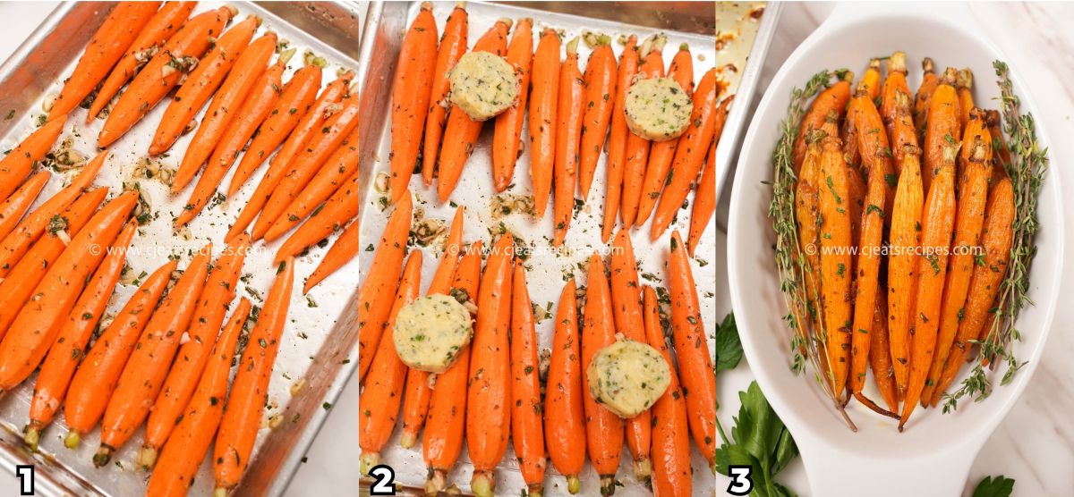 A 3 photo collage of cooking steps on how to make Honey Roasted Carrots at home, including seasoning the carrots with herbs and butter, then roasting in the oven.