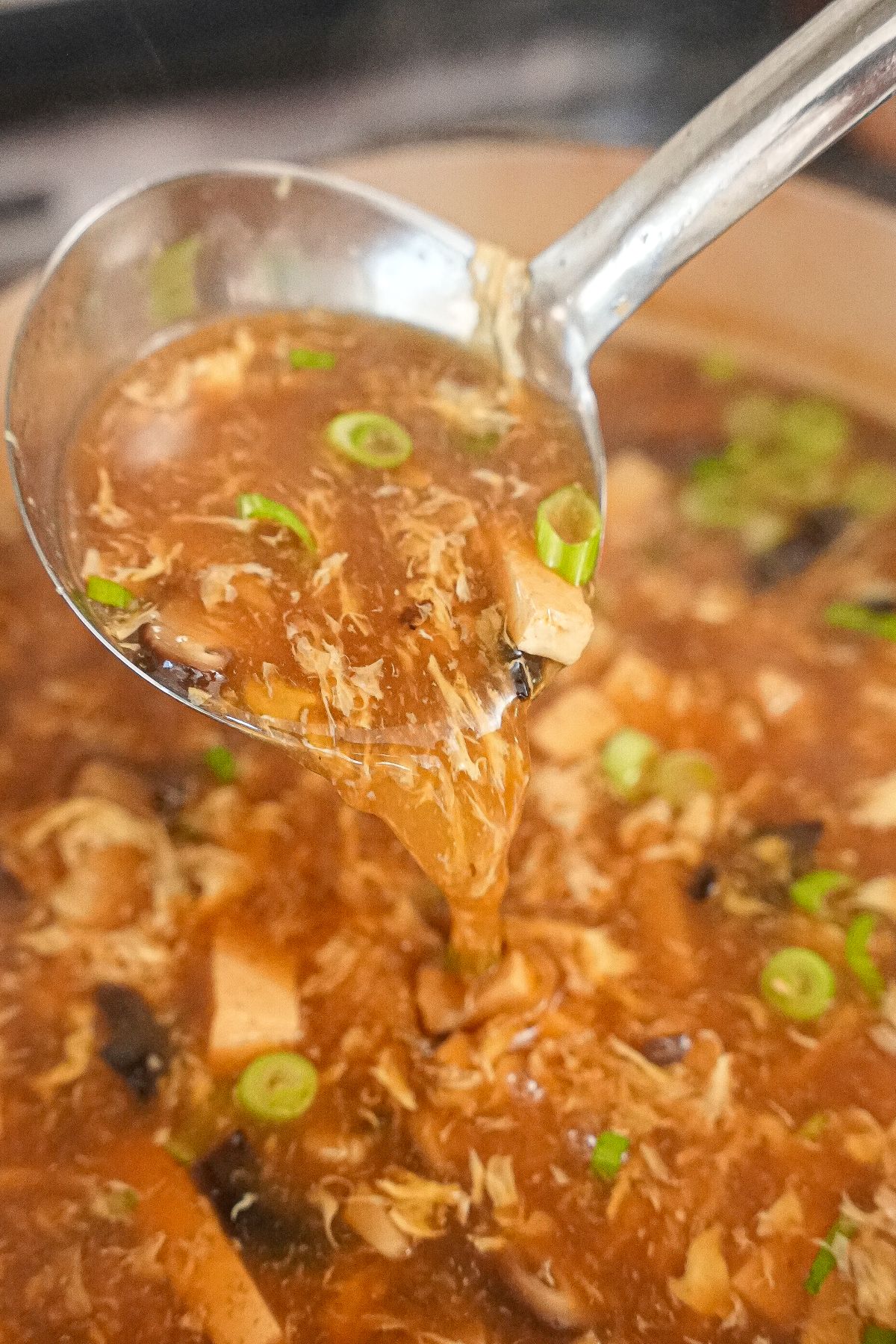 A ladle with easy and authentic hot and sour soup cooked in a pot.