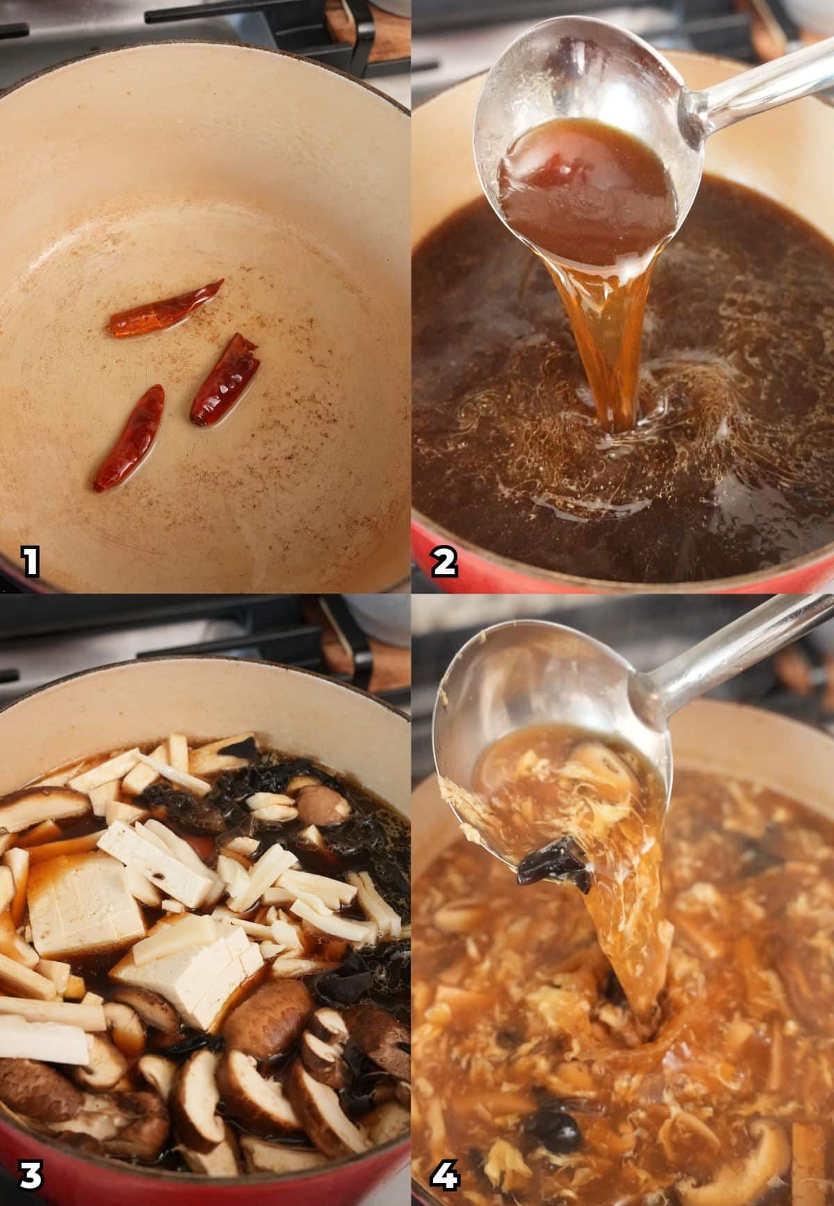 A 4 photo collage of key cooking steps on how to make an authentic easy hot and sour soup at home.
