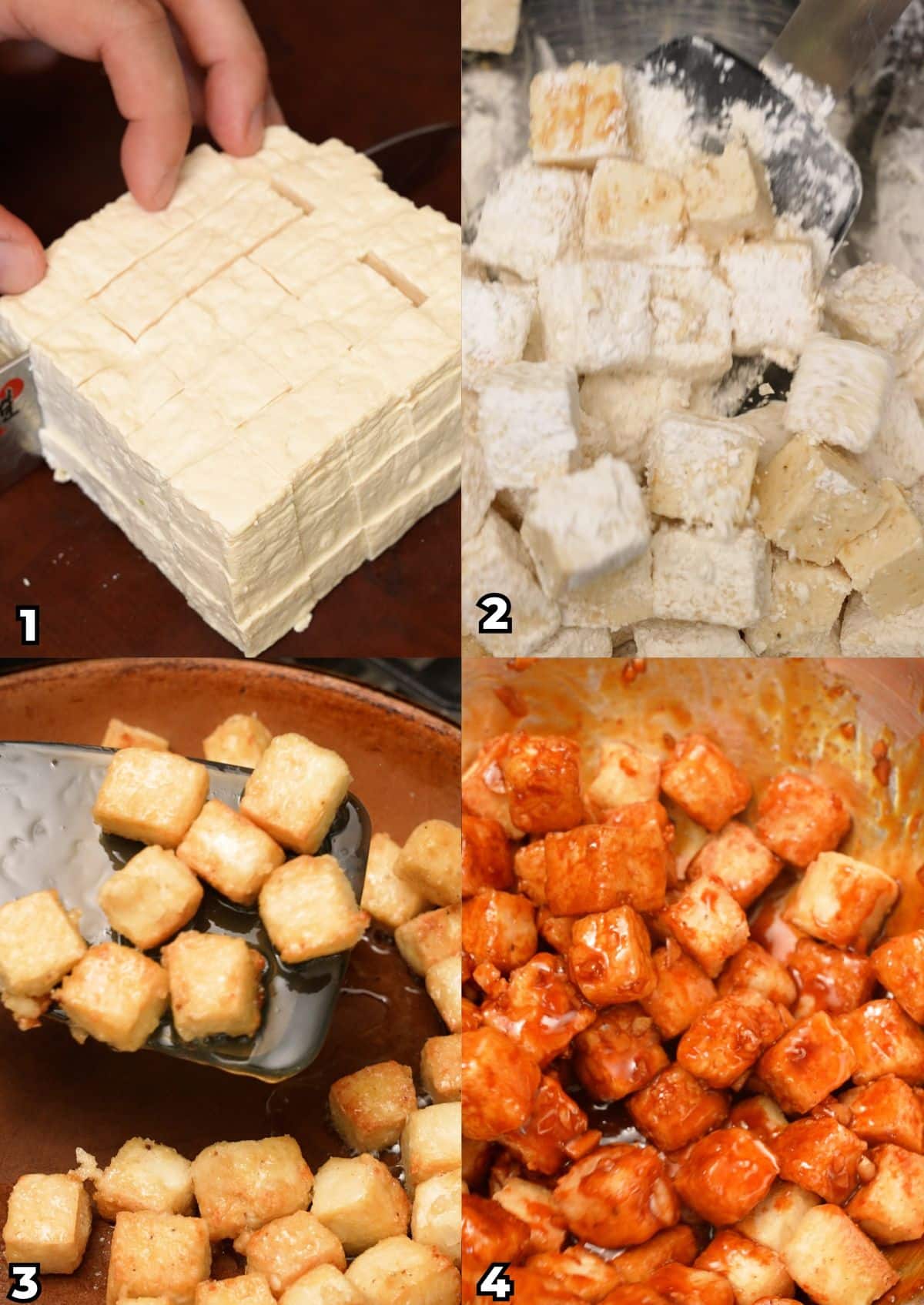 A 4 photo collage of key cooking steps on how to make spicy honey garlic tofu at home.