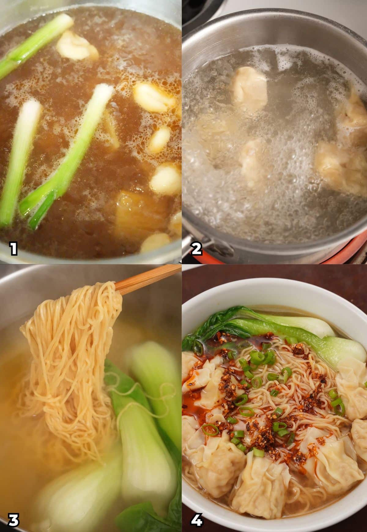 A 4 photo collage showing key cooking steps on how to make wonton noodle soup.