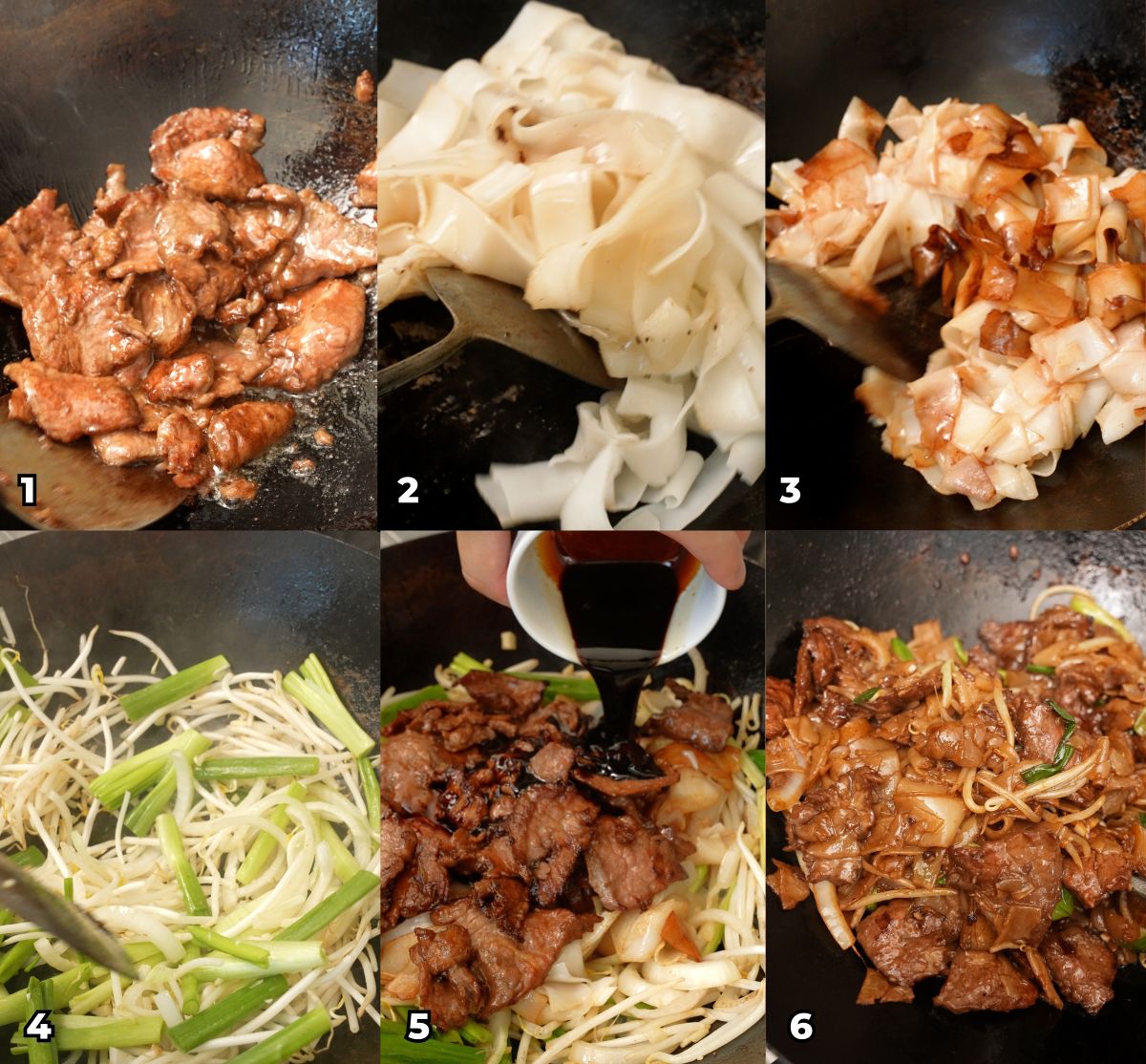 A 6 photo collage showing key cooking steps on how to make an authentic Beef Chow Fun.