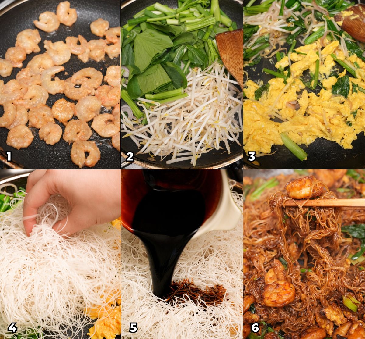 A 6 photo collage showing key cooking steps on how to make Bihun Goreng at home.