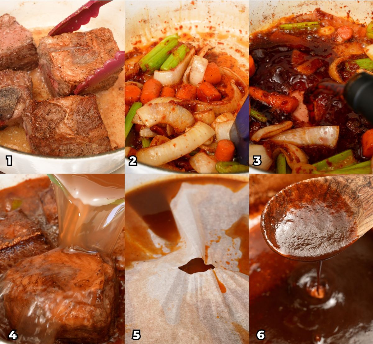 A 6 photo collage of cooking steps on how to make tender braised short ribs: first start by searing the beef short ribs in a pot, then saute vegetables with tomato paste, add red wine and beef stock, then simmer the short ribs until tender and reduce the sauce with cold butter until it thickens.