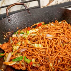 Authentic, restaurant quality Chicken Lo Mein cooked in a wok.