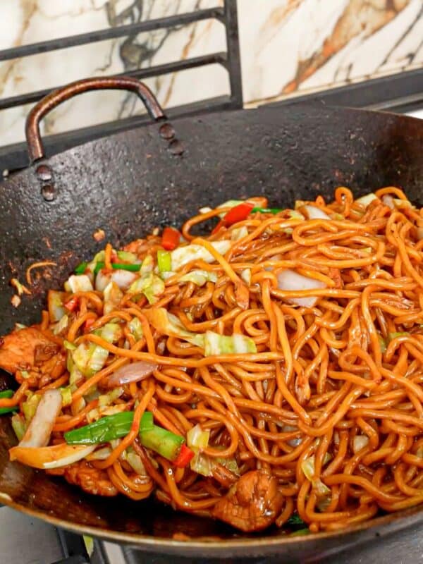 Authentic, restaurant quality Chicken Lo Mein cooked in a wok.