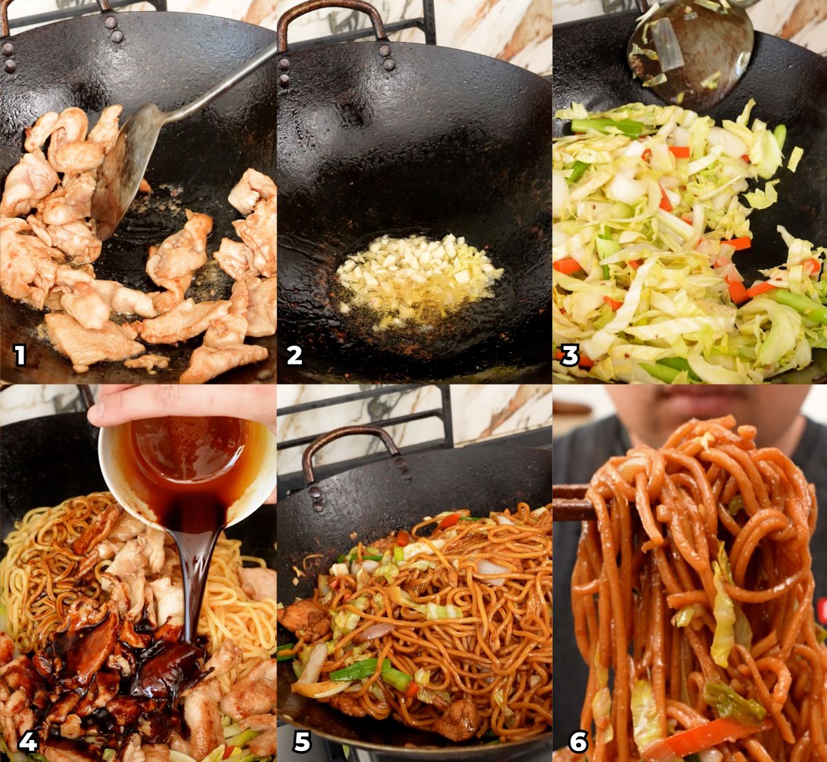 A 6 photo collage on how to make authentic restaurant quality Chicken Lo Mein at home.