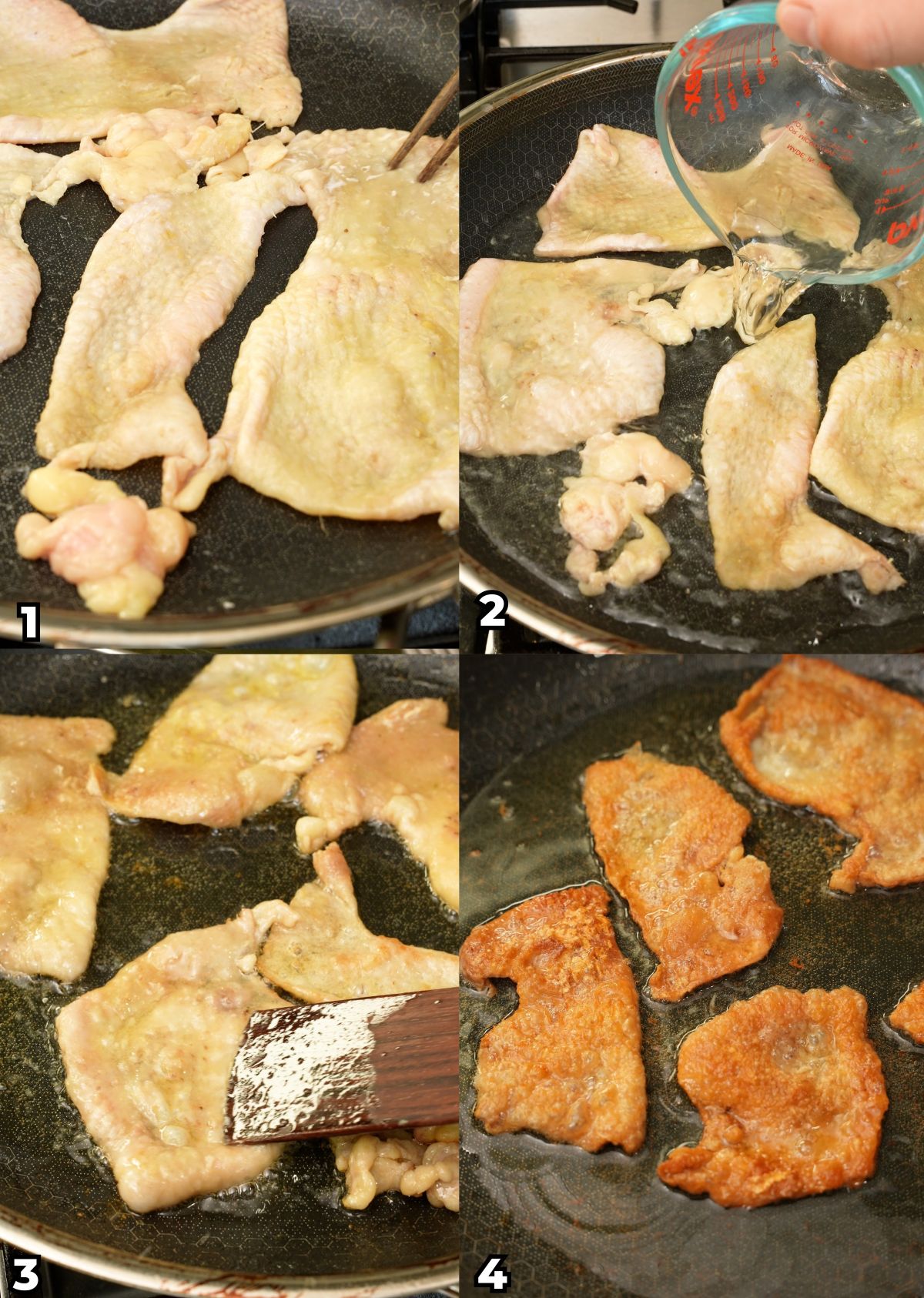 A 4 photo collage showing key cooking steps on how to make crispy chicken skin chips at home.