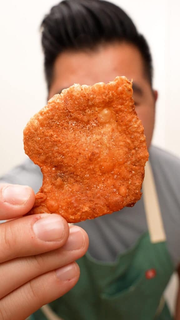 A hand holding a crispy chicken skin chip.