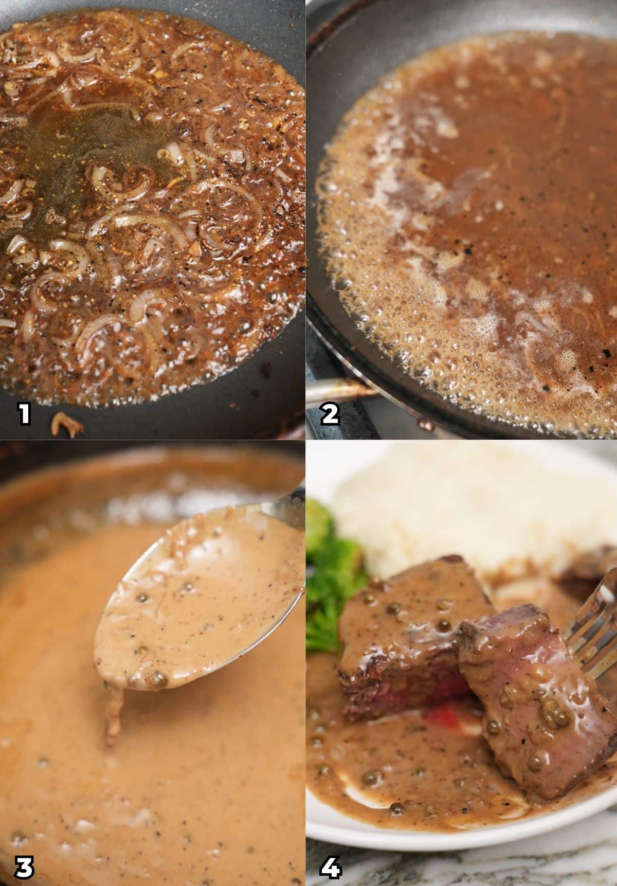 A 4 photo collage showing key cooking steps on how to make a creamy peppercorn sauce for steak just like the steakhouse restaurant version.