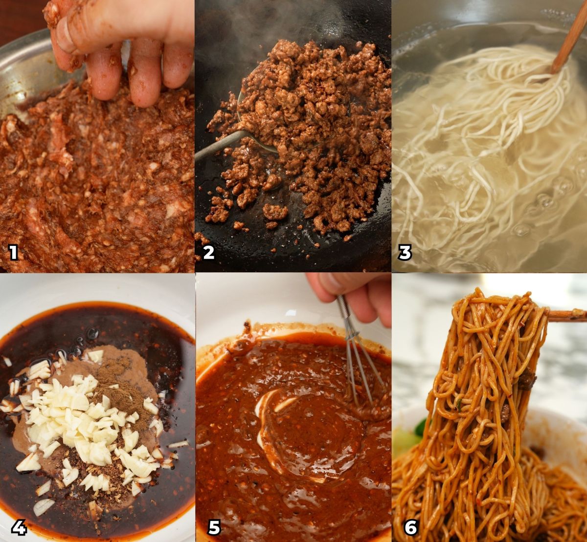 A 6 photo collage showing key cooking steps on how to make authentic sichuan dan dan noodles at home.
