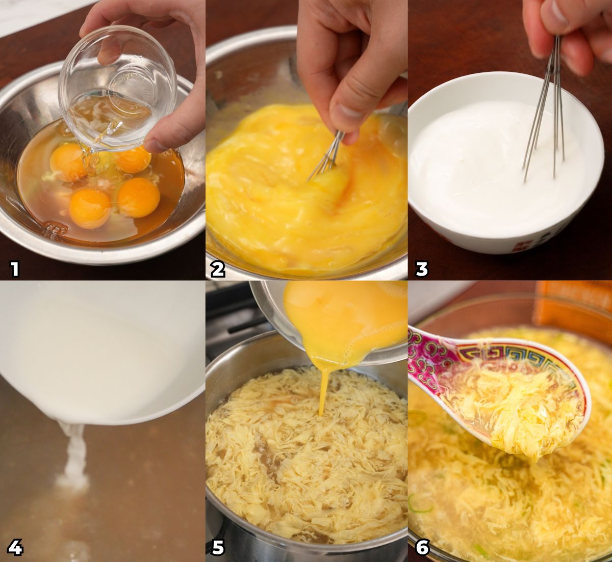 A 6 photo collage showing key cooking steps on how to make an easy, authentic Egg Drop Soup at home.