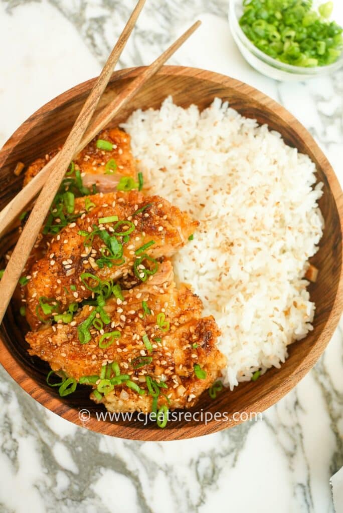 Honey Garlic Chicken on a plate with rice
