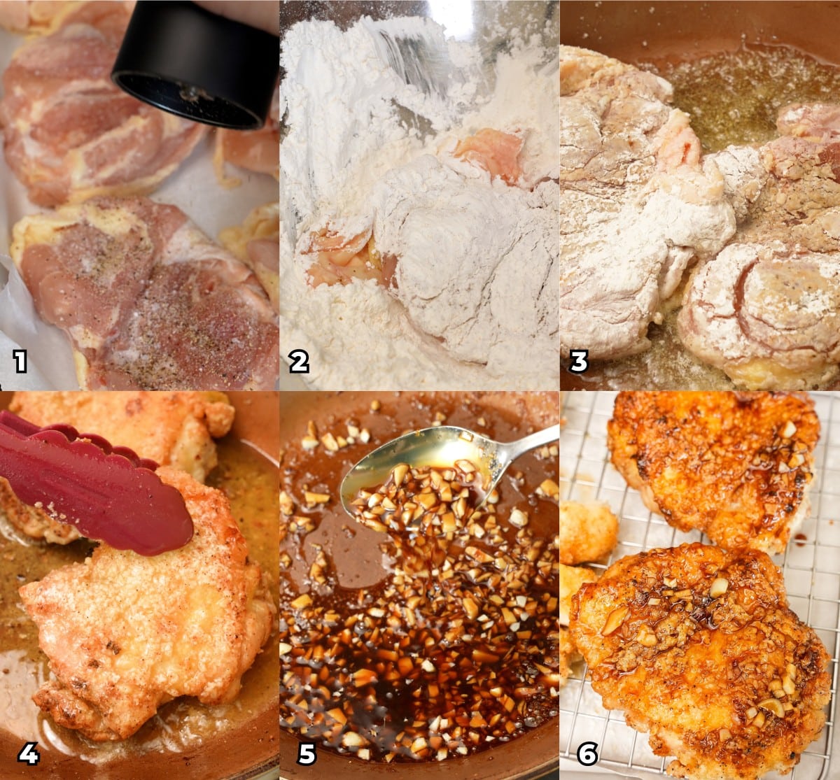 A 6 photo collage showing key cooking steps on how to make crispy Honey Garlic Chicken at home.