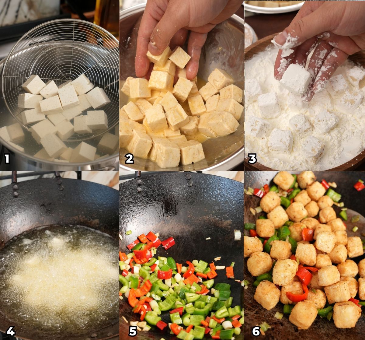 A 6 photo collage showing key cooking steps on how to make a Salt and Pepper Tofu at home.