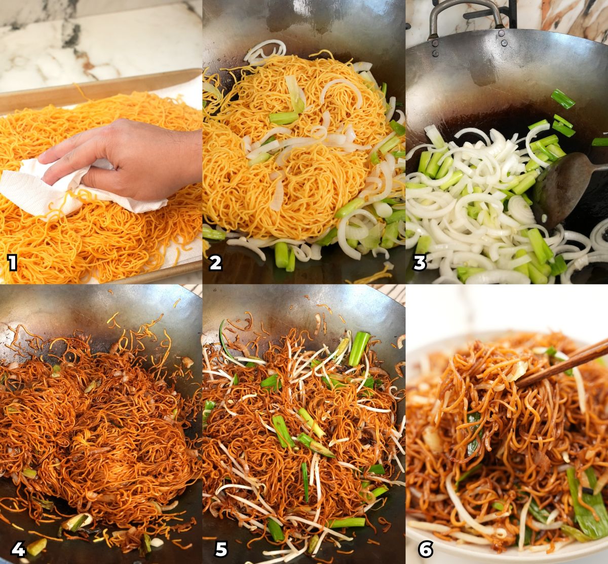A 6 photo collage of key cooking steps on how to make an authentic Soy Sauce Pan Fried Noodle Chow Mein dish at home.