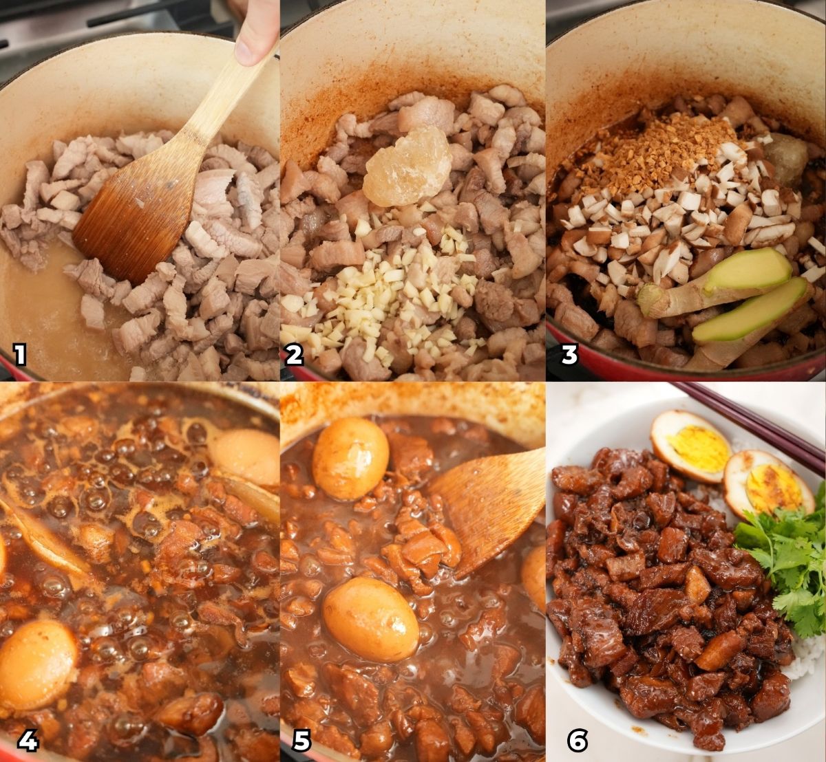A 6 photo collage showing key cooking steps on how to make Taiwanese Braised Pork Rice (Lu Rou Fan) at home.