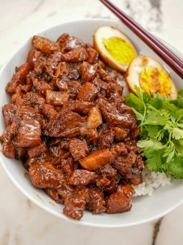 Taiwanese braised pork rice (Lu Rou Fan) in a bowl with rice, cilantro, and hard boiled egg.