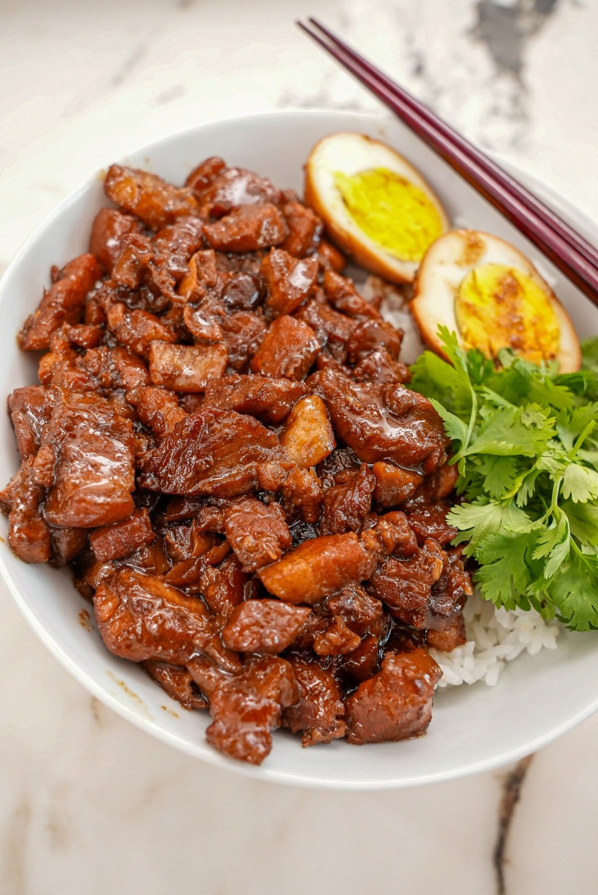 Taiwanese braised pork rice (Lu Rou Fan) in a bowl with rice, cilantro, and hard boiled egg.