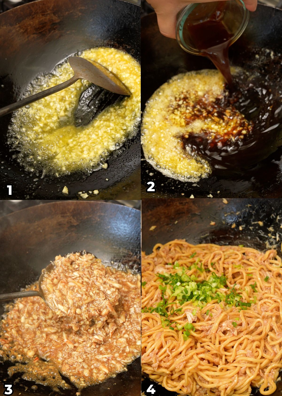 A 4 photo collage showing key cooking steps on how to make Garlic Noodles with Crab at home.