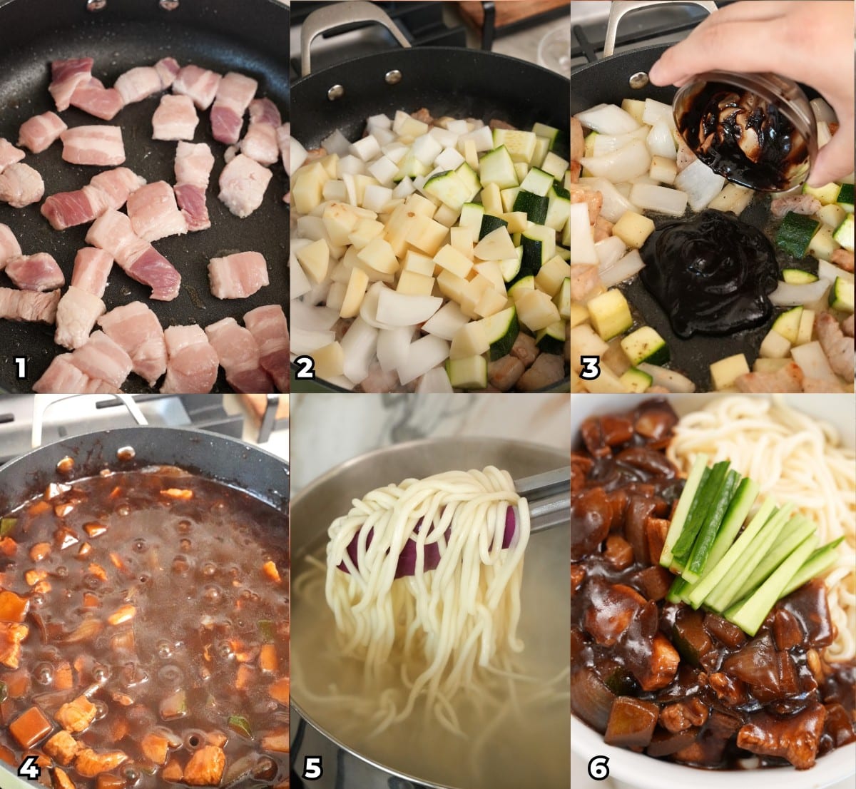 A 6 photo collage showing key cooking steps on how to make an authentic jajangmyeon at home.