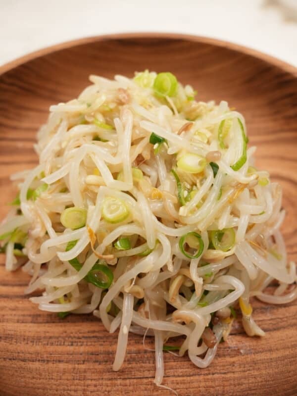 Korean Bean Sprout Side DIsh in a wooden bowl.