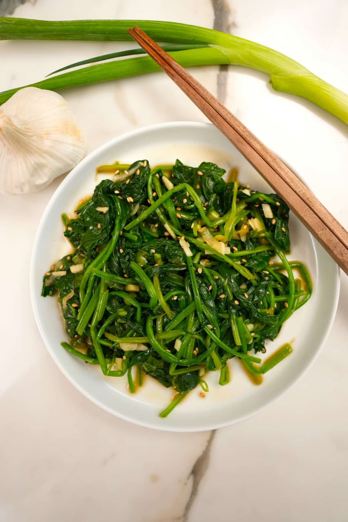 Korean spinach side dish marinated with garlic and soy sauce.