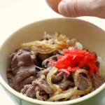 Beef gyudon in a green bowl with onions over rice.
