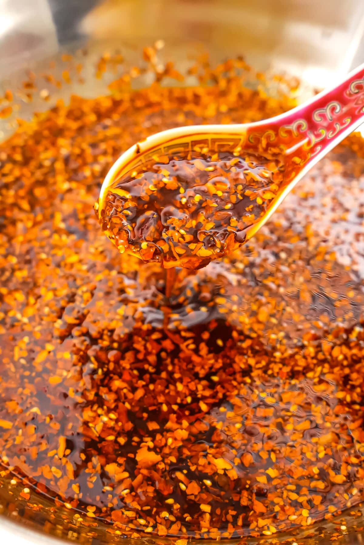 Chinese Chili Oil in a metal bowl.