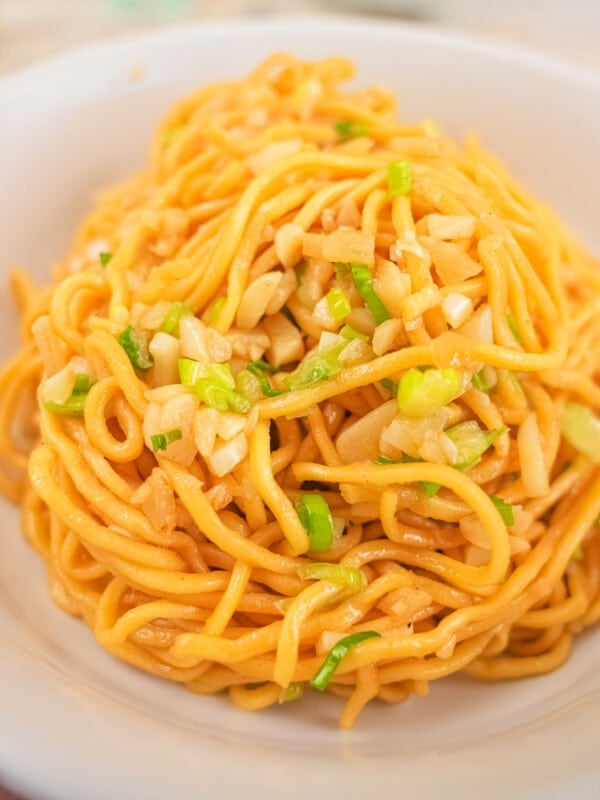 Garlic Noodles in a white bowl.