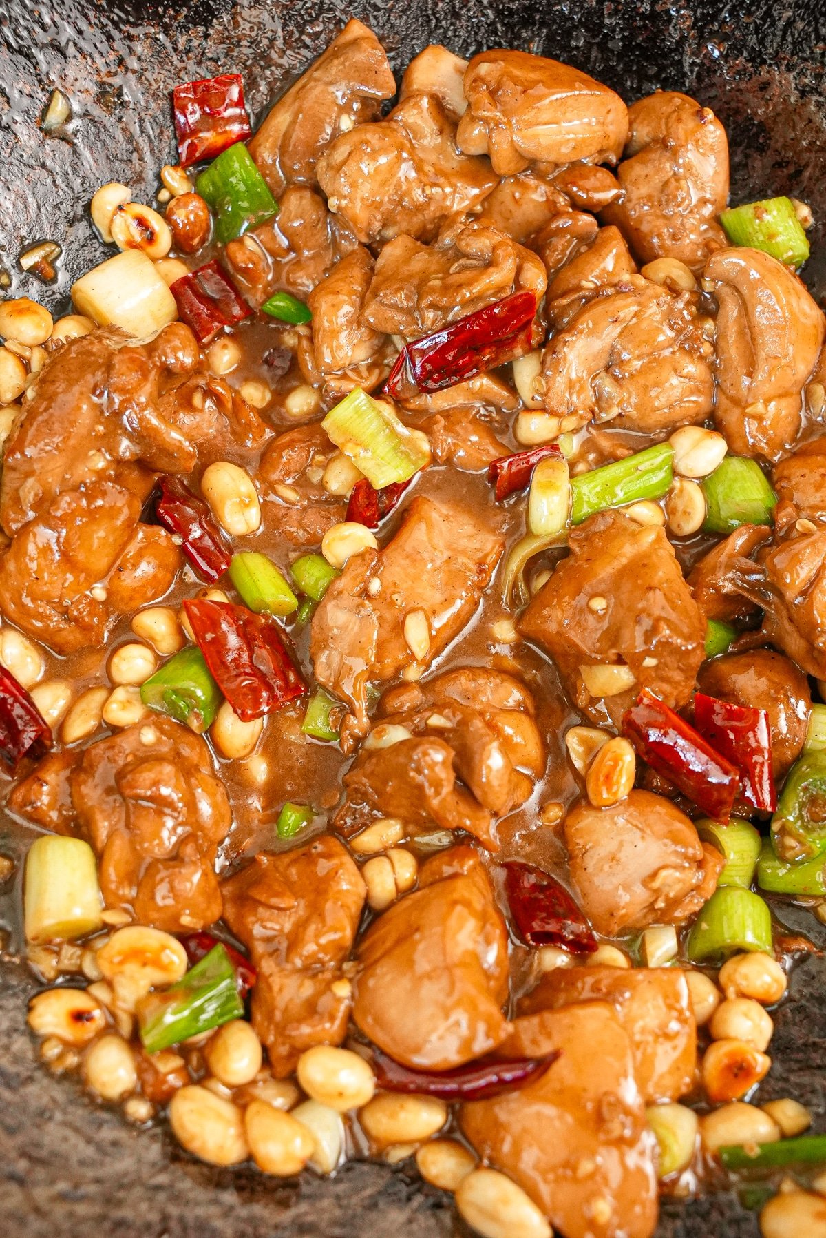 Kung Pao Chicken cooked in a wok.