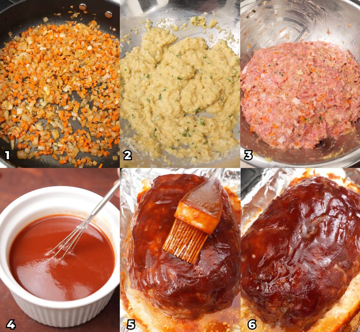 A 6 photo collage of key cooking steps on how to make the best meatloaf and meatloaf glaze.