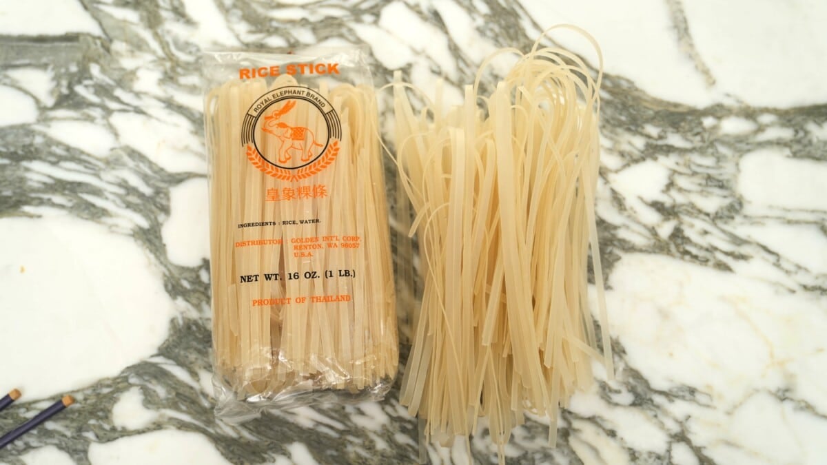 Dry rice stick noodles in packaging for Pad Thai.