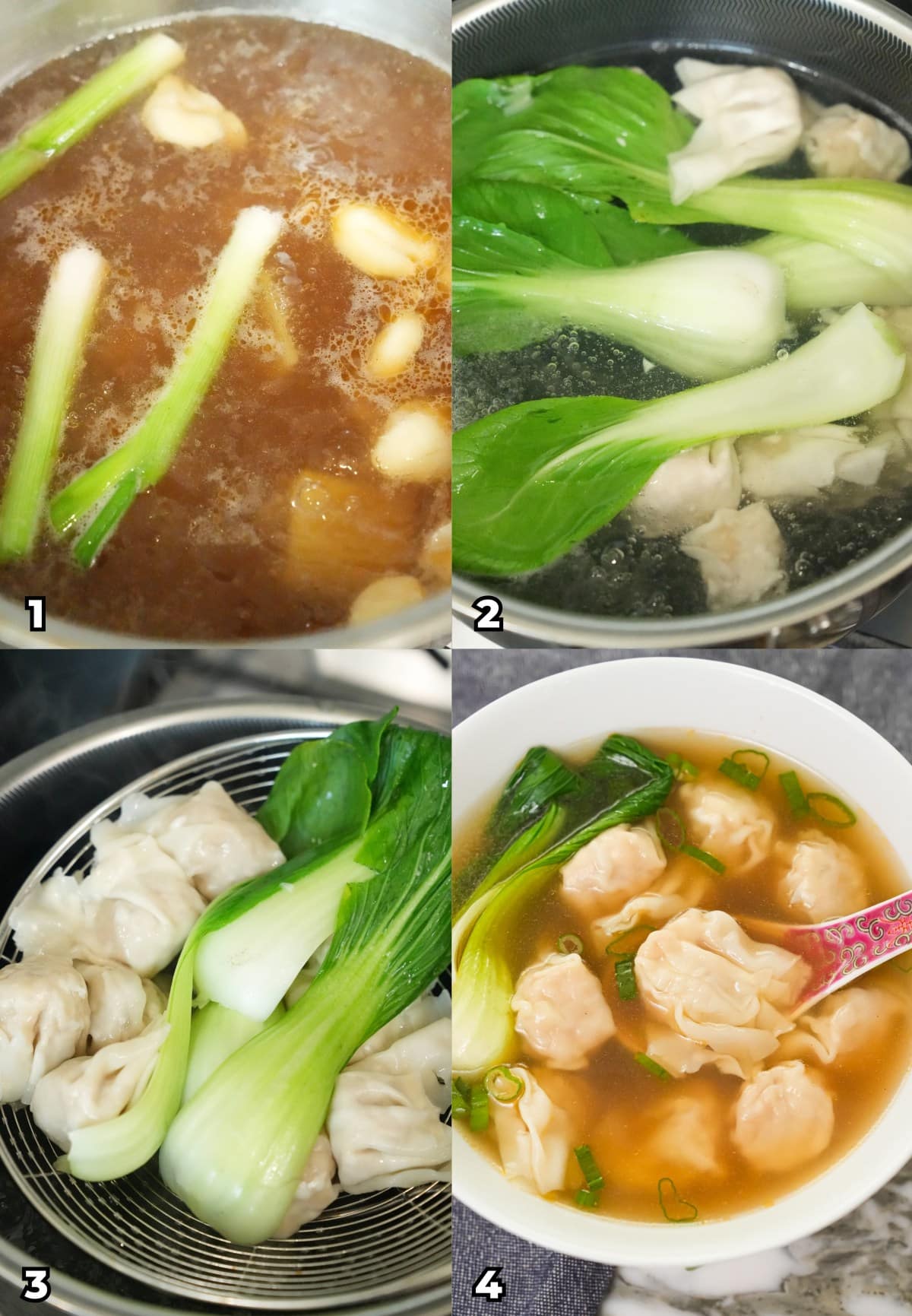 A 4 photo collage showing key cooking steps on how to make an easy wonton soup.