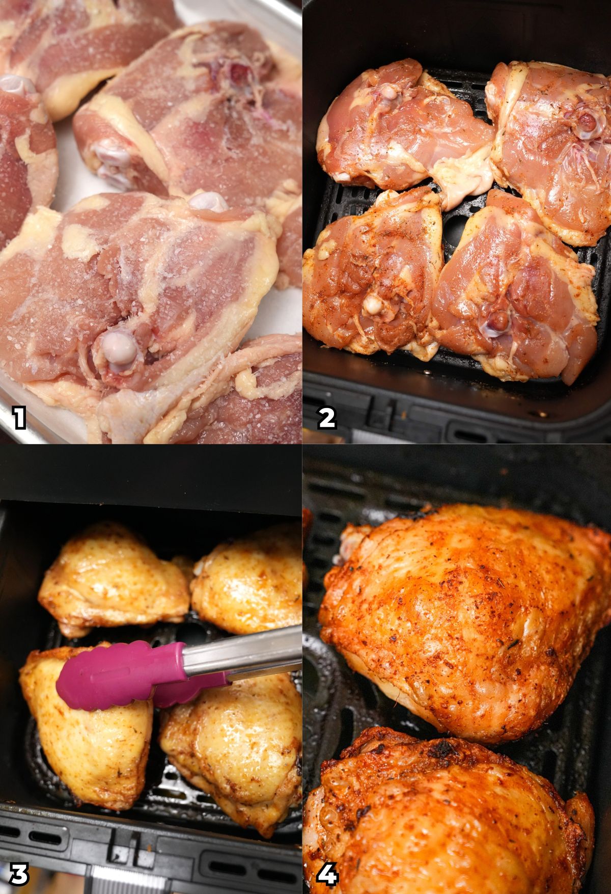 A 4 photo collage of cooking steps on how to make juicy air fryer chicken thighs with crispy skin, including dry brining the chicken thighs, seasoning them with herbs, spices, oil, and baking powder, then air frying until crispy.
