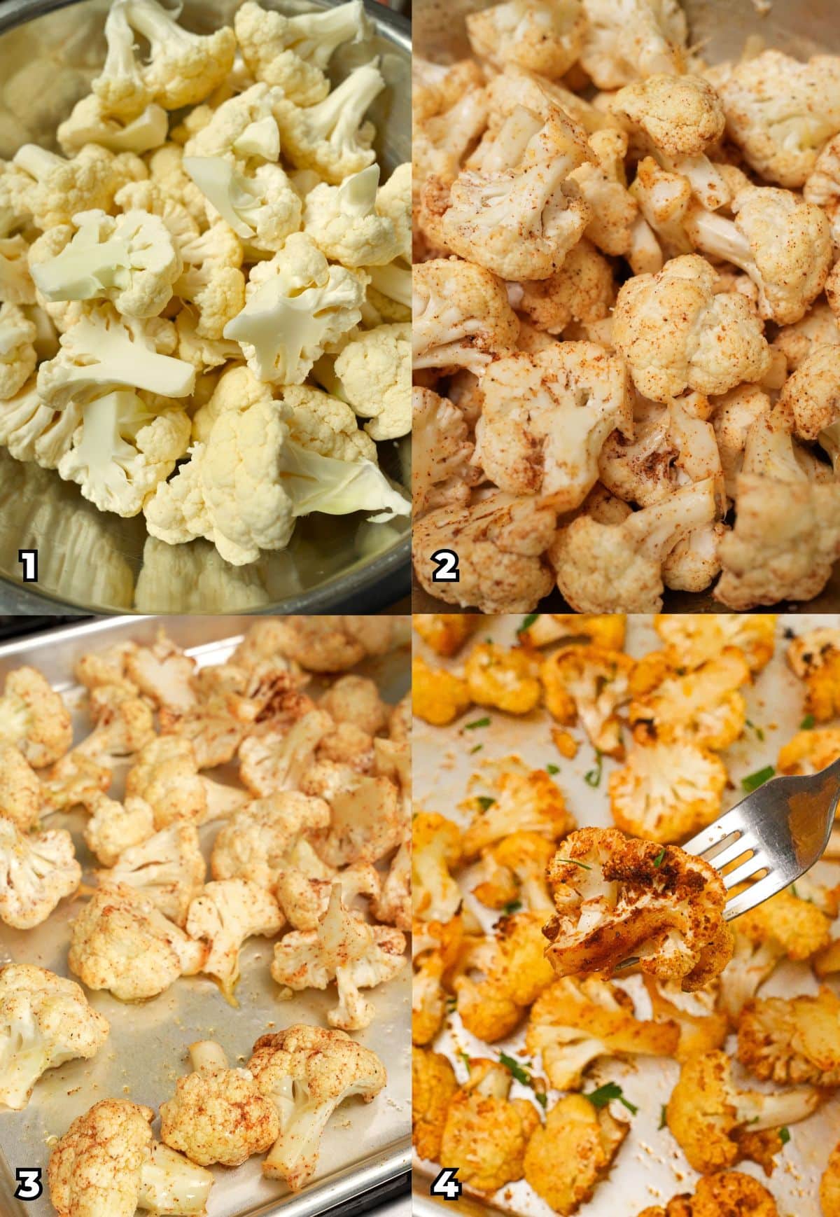 A 4 photo collage on how to make the best crispy roasted cauliflower at home, starting with cutting the cauliflower, seasoning it with spices, placing it on a hot baking sheet with olive oil, and roasting it until crispy.