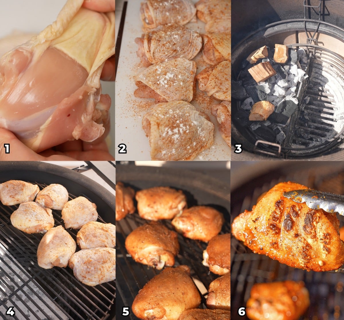 A 6 photo collage of key cooking steps on how to grill chicken thighs with crispy skin.