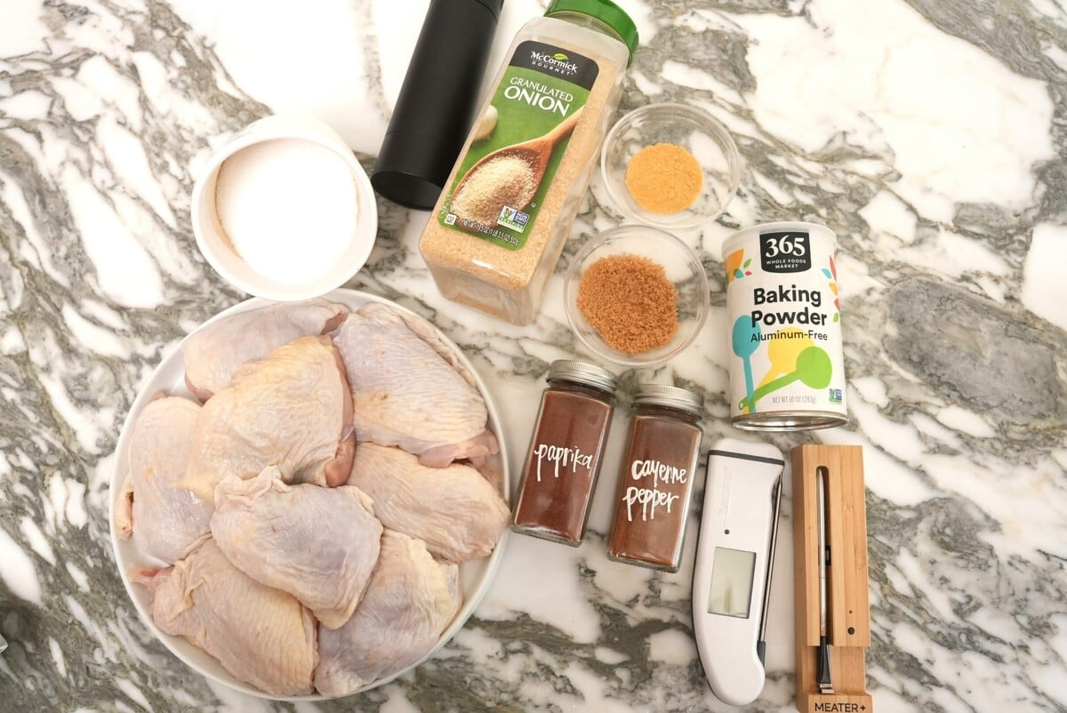 Raw ingredients for easy grilled chicken thighs.