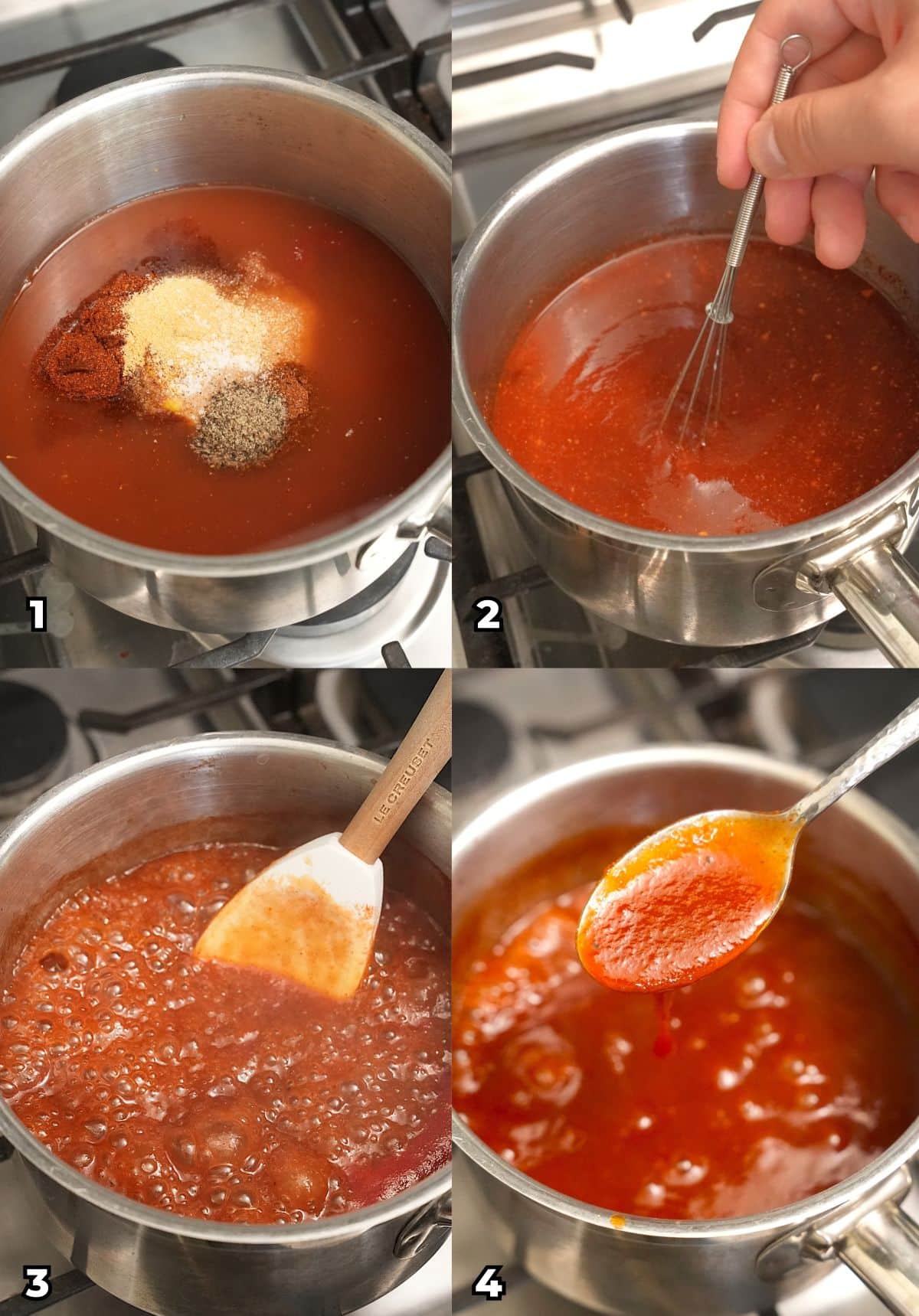 A 4 photo collage of cooking steps on how to make an easy and delicious BBQ sauce at home.