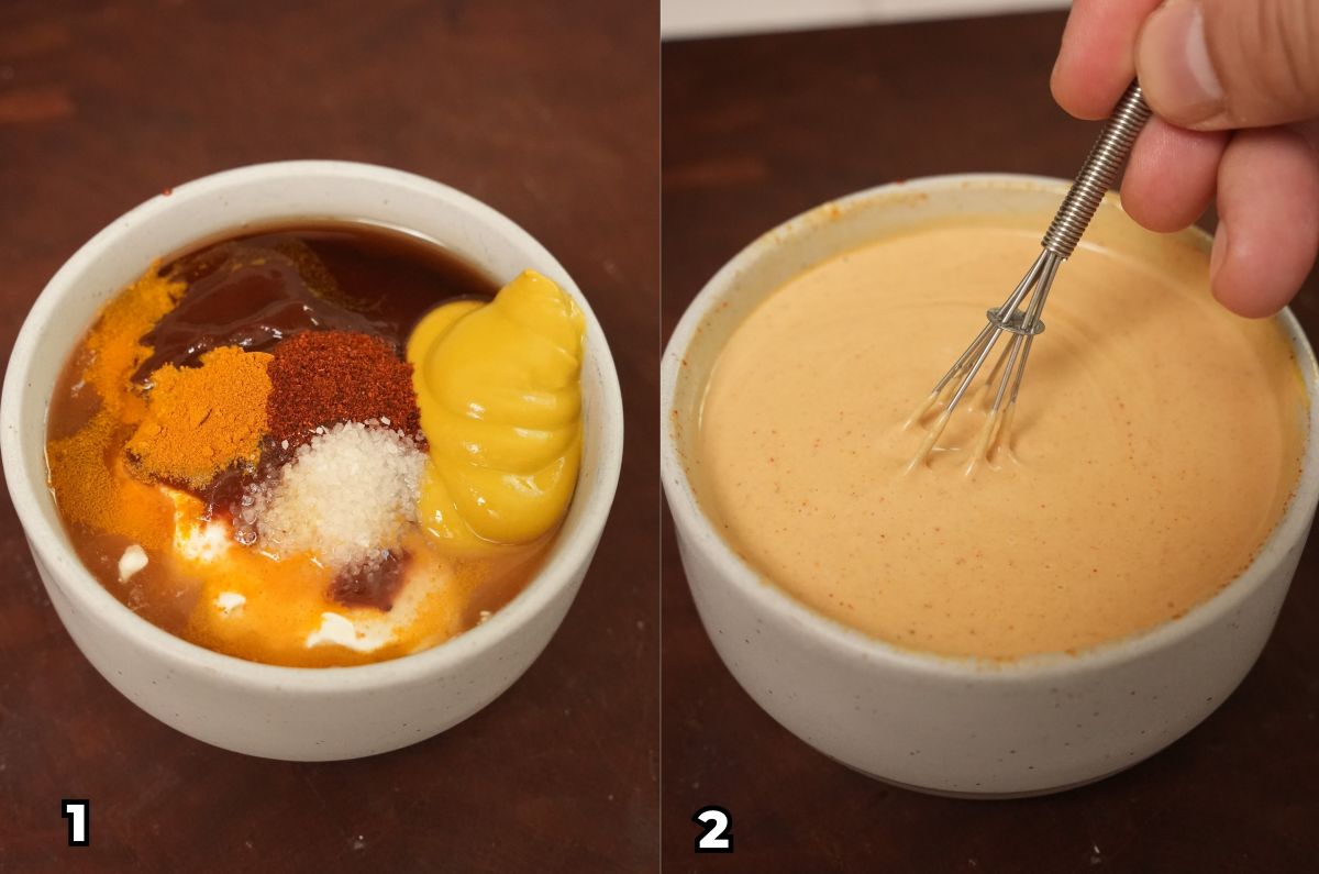 A 2 photo collage on how to make copycat Chick-fil-a sauce by mixing ingredients in a bowl.