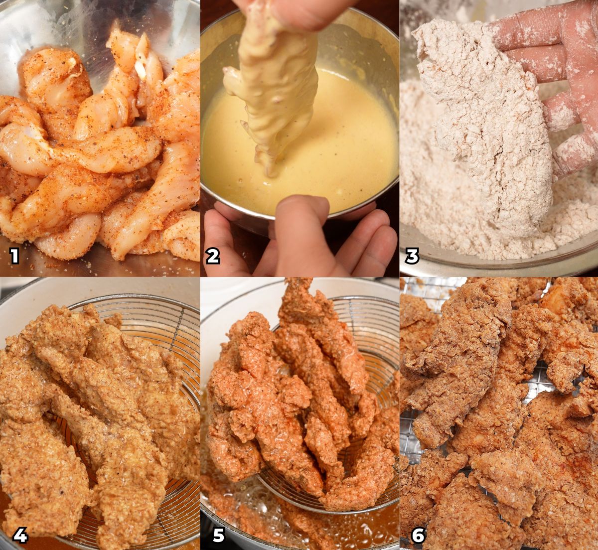 A 6 photo collage on how to make crispy fried chicken tenders at home including seasoning the chicken tenders, dredging them in egg wash and dry seasonings, then double frying them in oil until crispy.