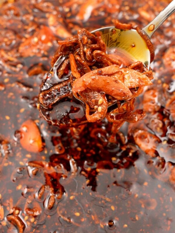 A spoon scooping a spoonful of chili crisp over a larger bowl of the chili crisp.