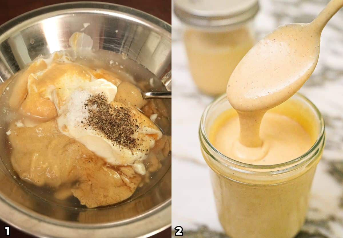 A 2 photo collage on how to make a creamy and delicious homemade Honey Mustard sauce.