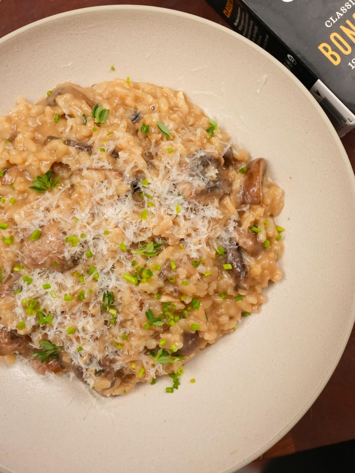 Mushroom risotto in a bowl.