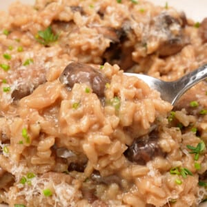 Creamy mushroom risotto being held up with a spoon.