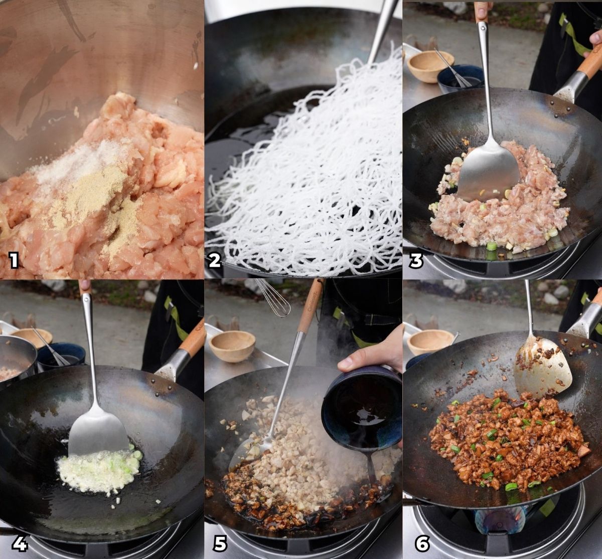 A 6 photo collage of key cooking steps on how to make copycat PF Chang's Chicken Lettuce Wraps at home.